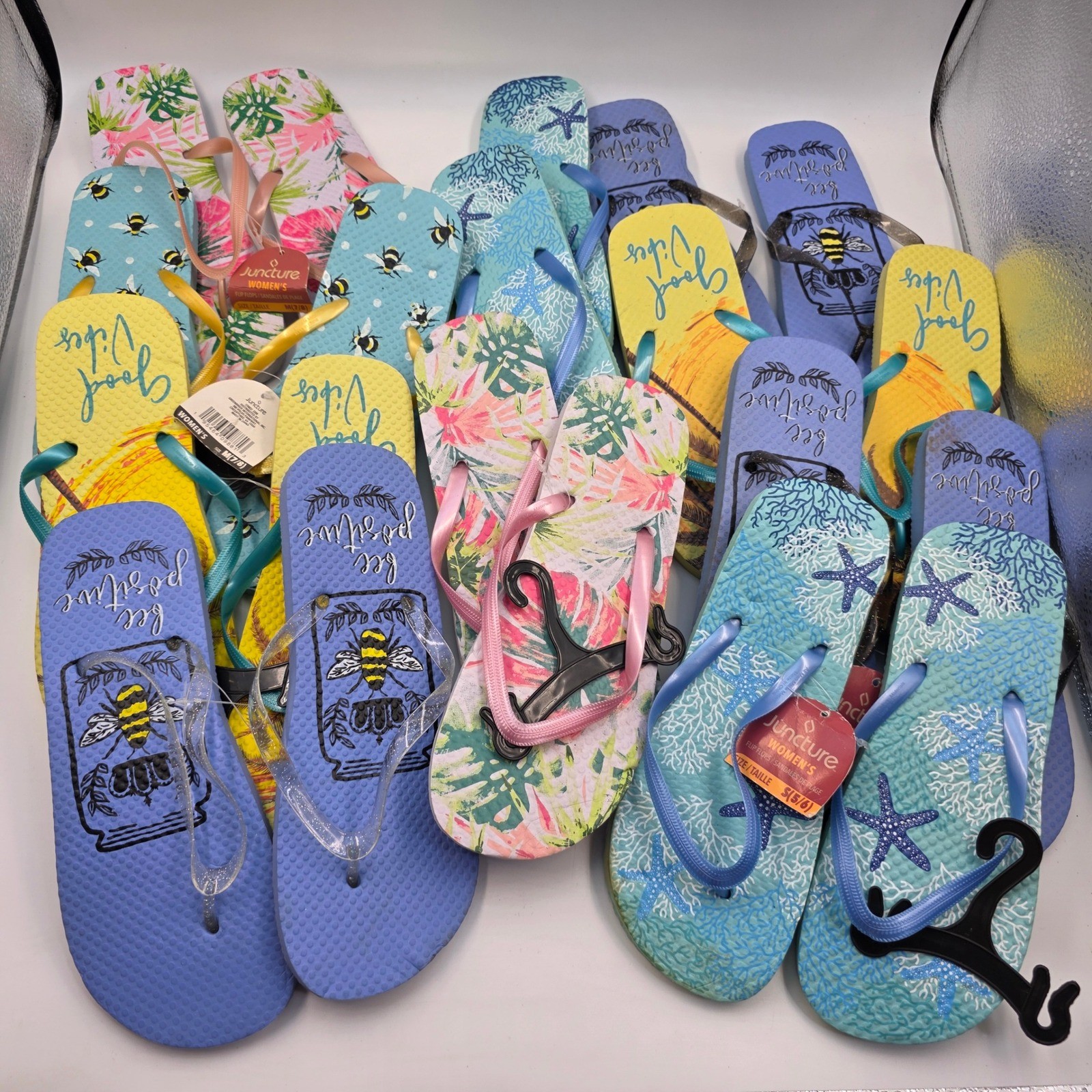 Lot of 10 Juncture Womens Flip Flops Sandals Summer Prints Bee Starfish NWT