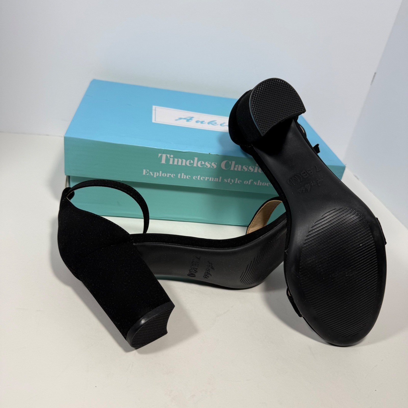 Ankis Women Black Faux Suede Block Heel Ankle Strap Sandals Size 7.5 Open Toe