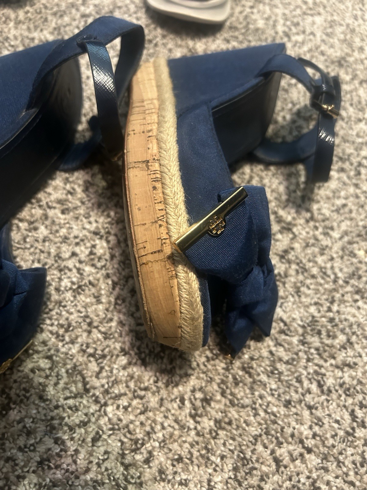 Tory Burch Blue Wedge Ankle Strap Sandals Bow Logo Buckle Women’s US 8