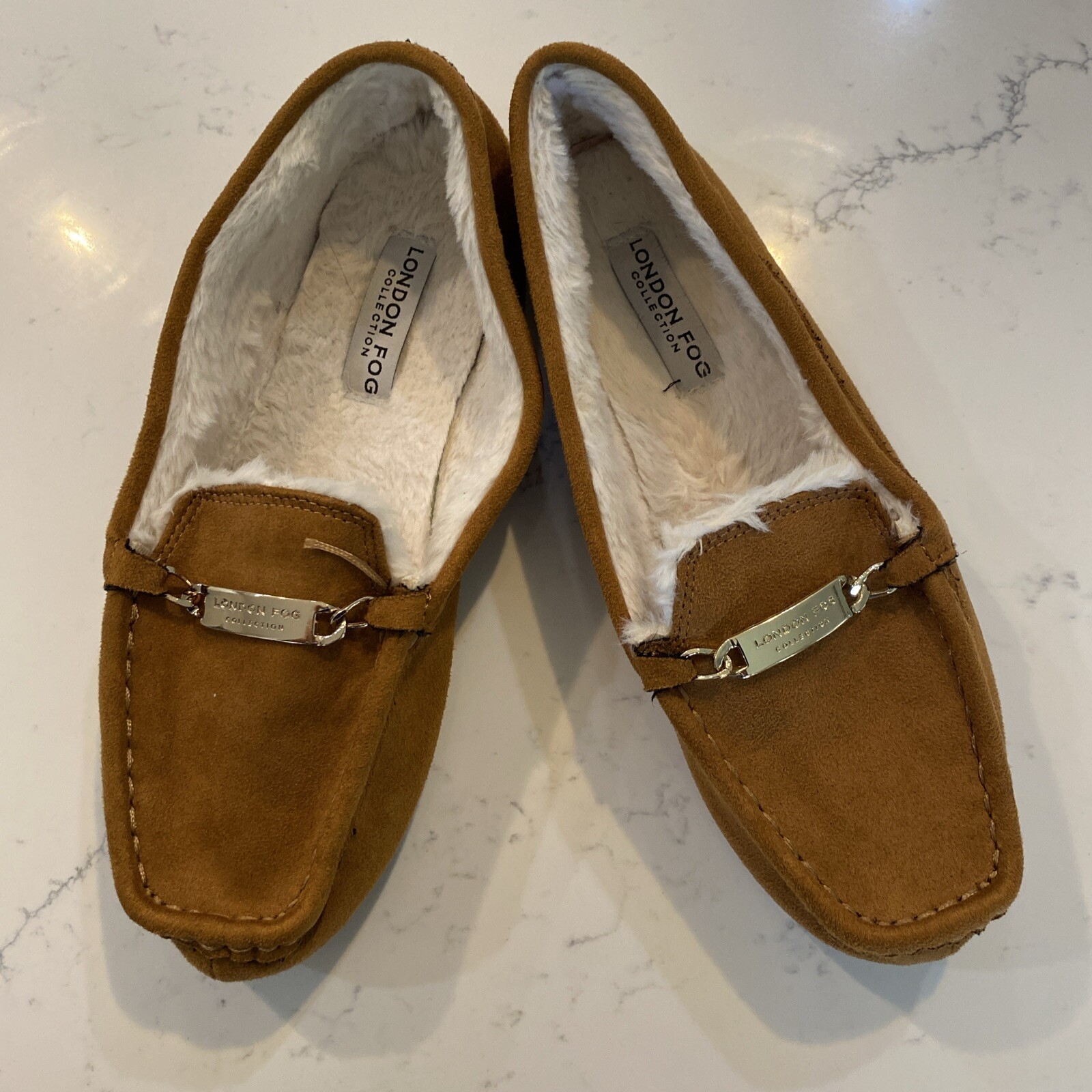 London Fog Lisa Women Faux Fur Lined Moccasin Slippers Size 10W Cognac Suede