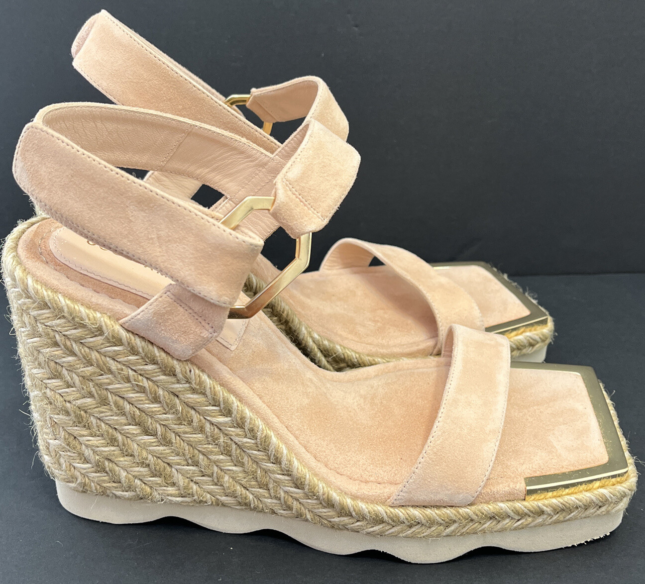 Good American Pale Pink Suede Gold Hardware Espadrille Wedge Sandals NEW Size 10