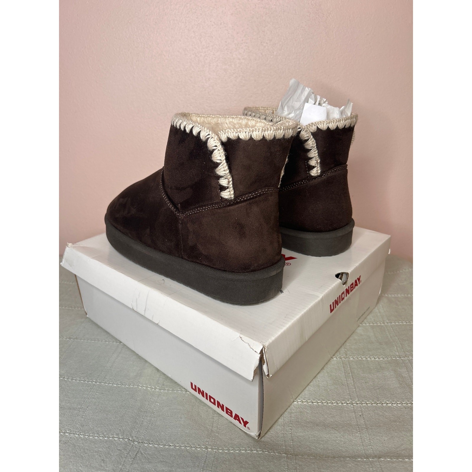 Unionbay Lisette Women’s Dark Brown Faux Suede Faux Fur Lined Ankle Boot Sz 11 M