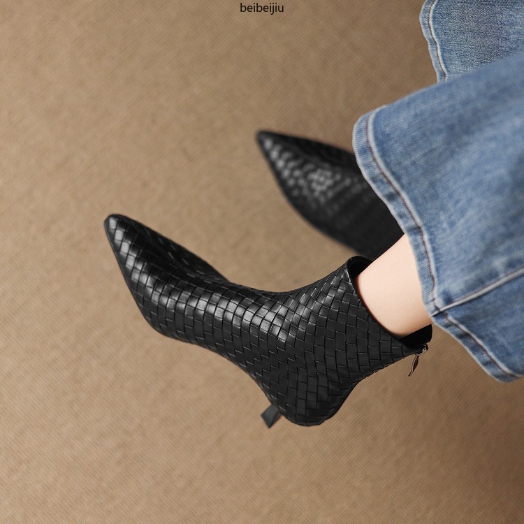 Women’s Weave Real Leather Ankle Boots Low Kitten Heel Dress Fashion Shoes Plus