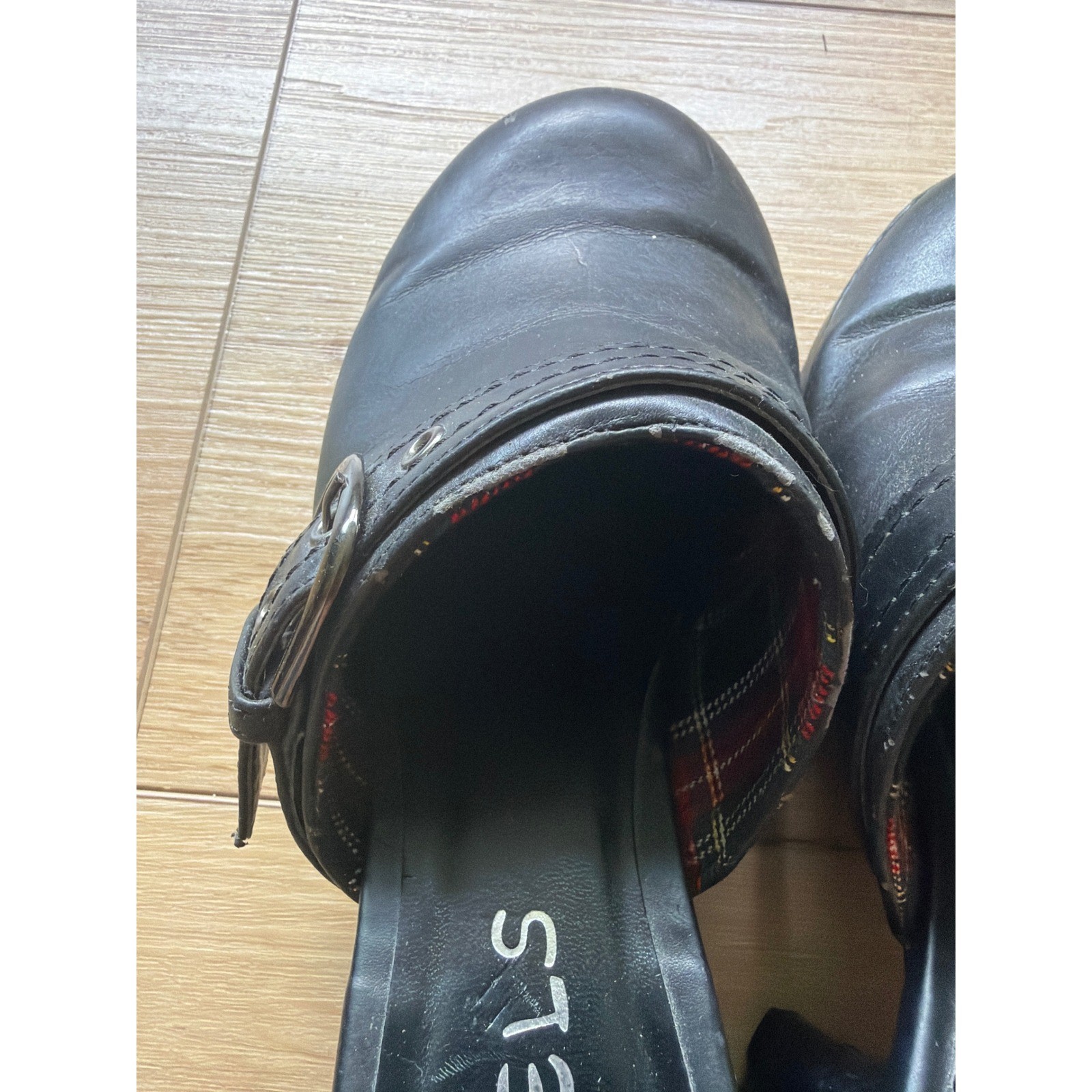 Rebels Black Platform Clogs Buckle Strap Lug Sole Plaid Lined Mules Womens 8 Y2K