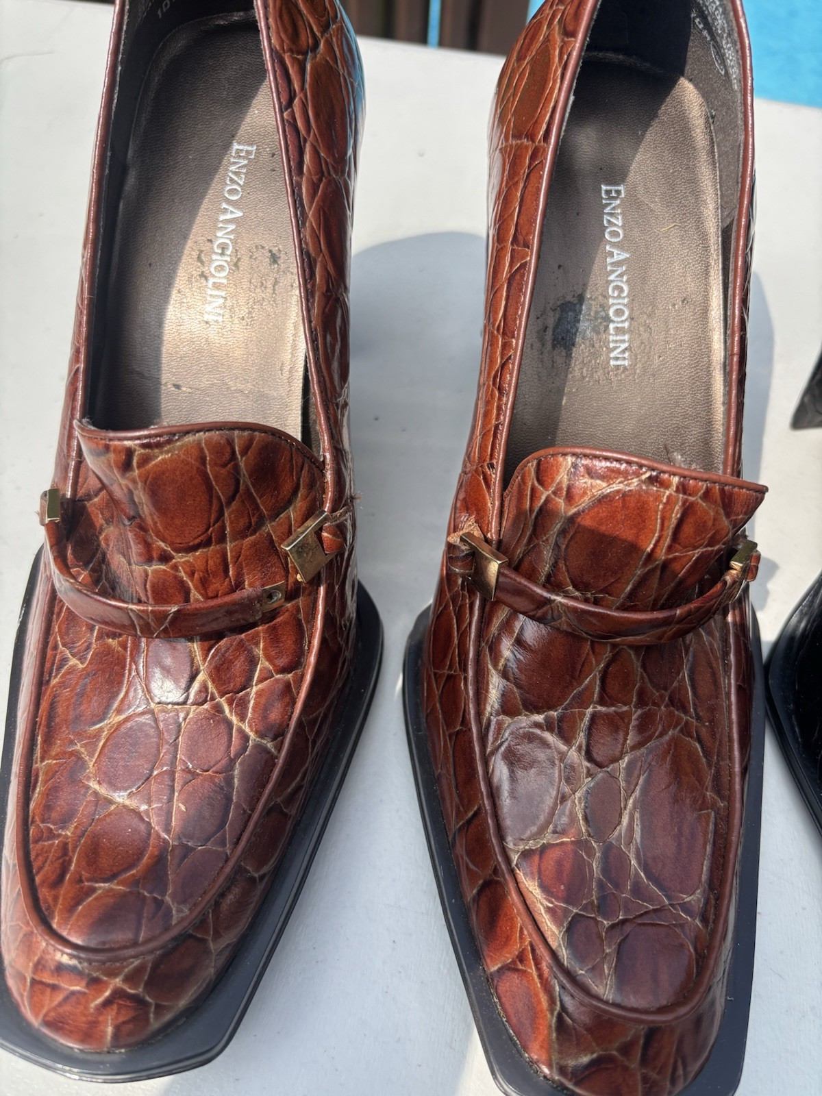 Enzo Angiolini Brown/Black Leather Croc Square Toe Block Heel Pumps 10. Two Pair