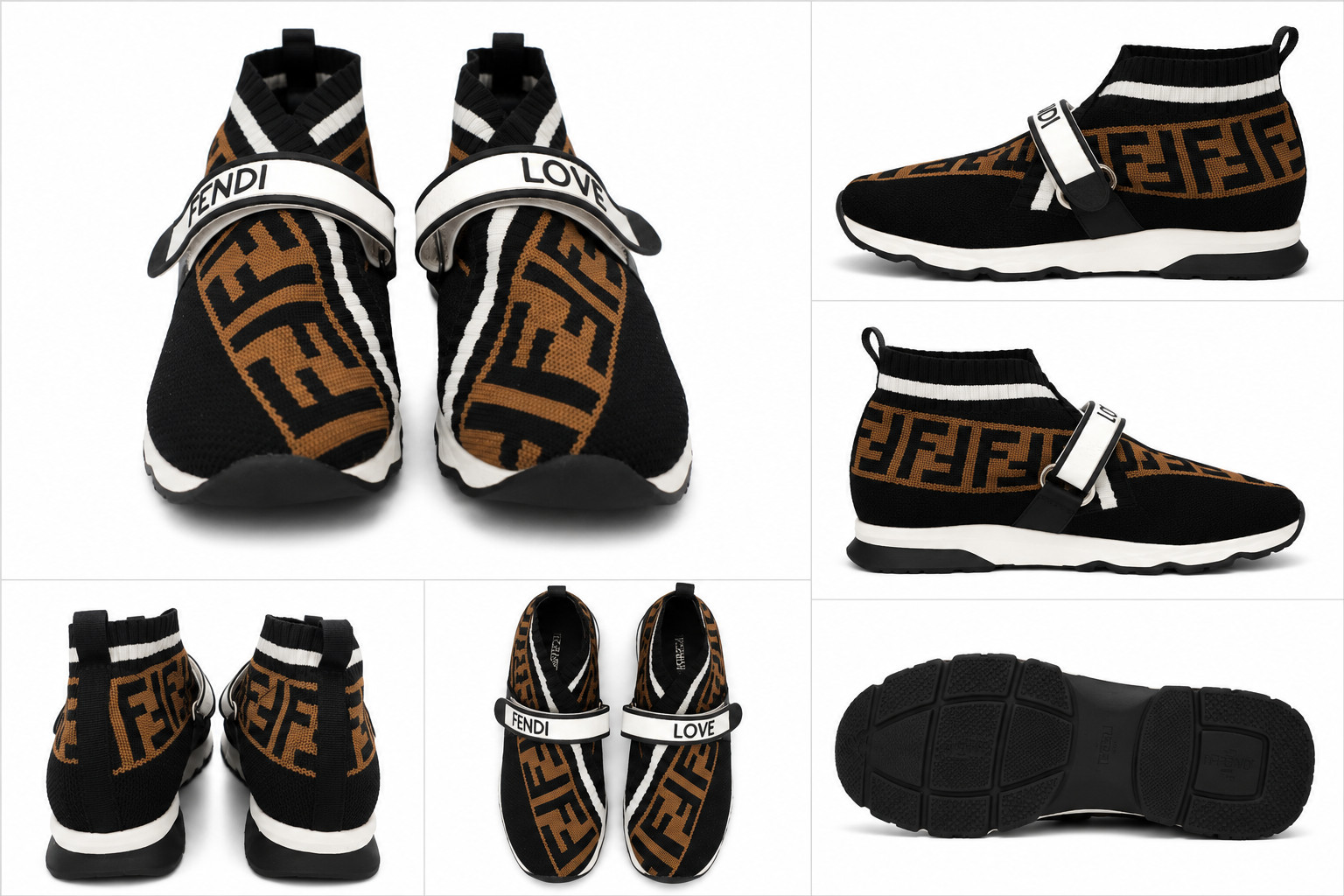 Fendi Rockoko Sock Sneakers Black Brown Logo Knit «LOVE» Strap Women’s Size 38