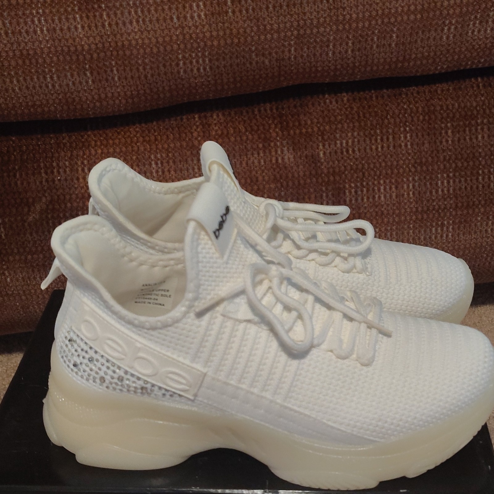 bebe sport Analia Womens White Knit Low Top Lace Up Sneakers Rhinestone Logo