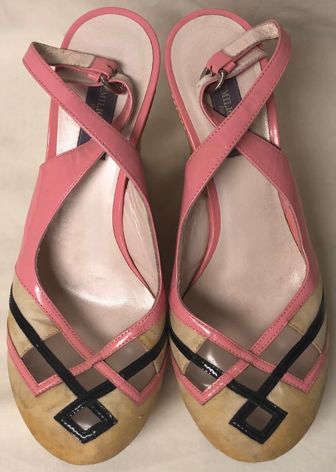 EMILIO PUCCI PINK CREAM & BLACK SATIN PATENT LEATHER SLINGBACK PLATFORM WEDGES 7