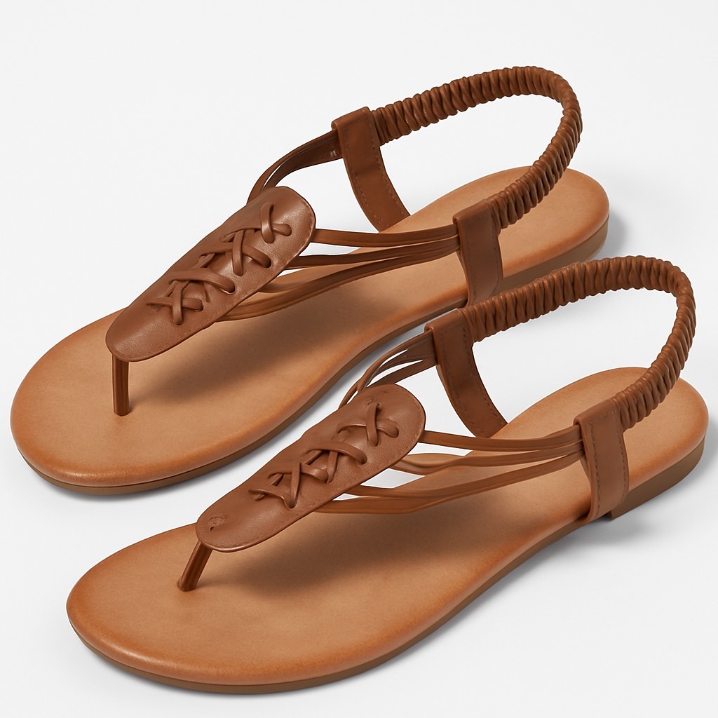 Women’s Brown Strappy Flat Sandals – Elastic Slingback Comfort Casual Shoes Sz 9