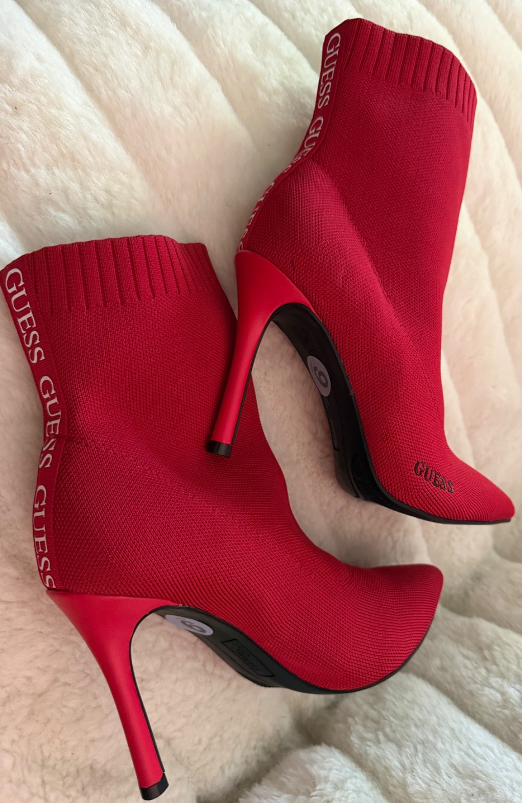 GUESS SIZE 9 Red Textile Upper Stretch Stiletto Logo Back Mid Calf Bootie NWOB