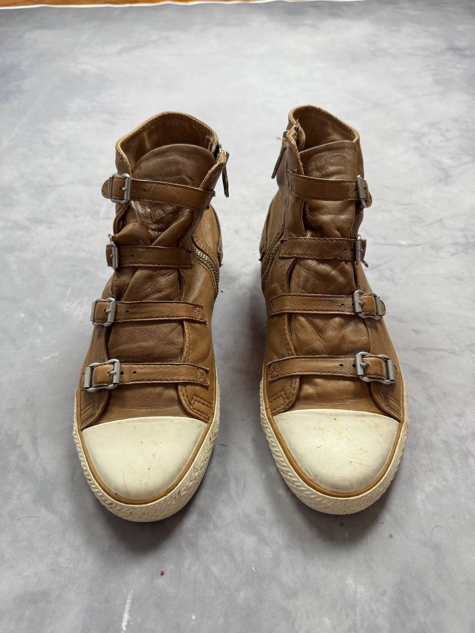 ASH Limited Brown Leather High Top Sneakers Buckle Strap Zip Women EU 40