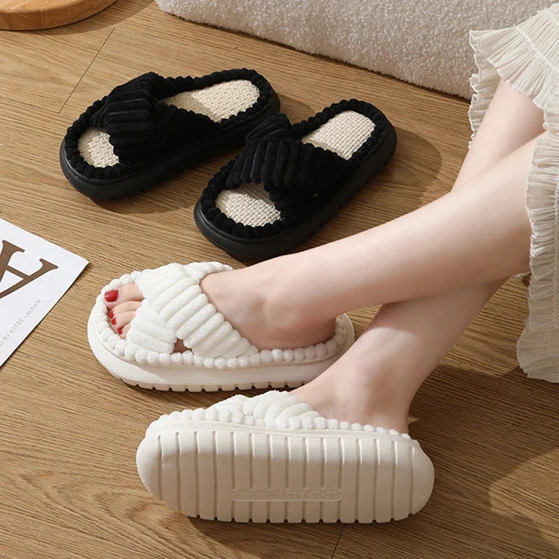 Pink Corduroy Cross Strap Home Slippers Women Winter 2025 Breathable Thick Sole