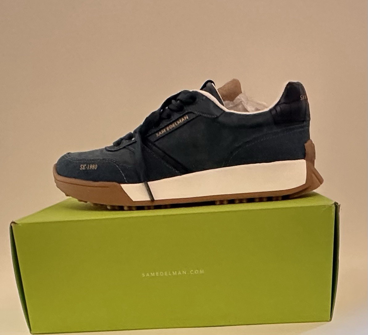 Sam Edelman Langley Navy White Suede Fabric Low Top Lace Up Sneakers