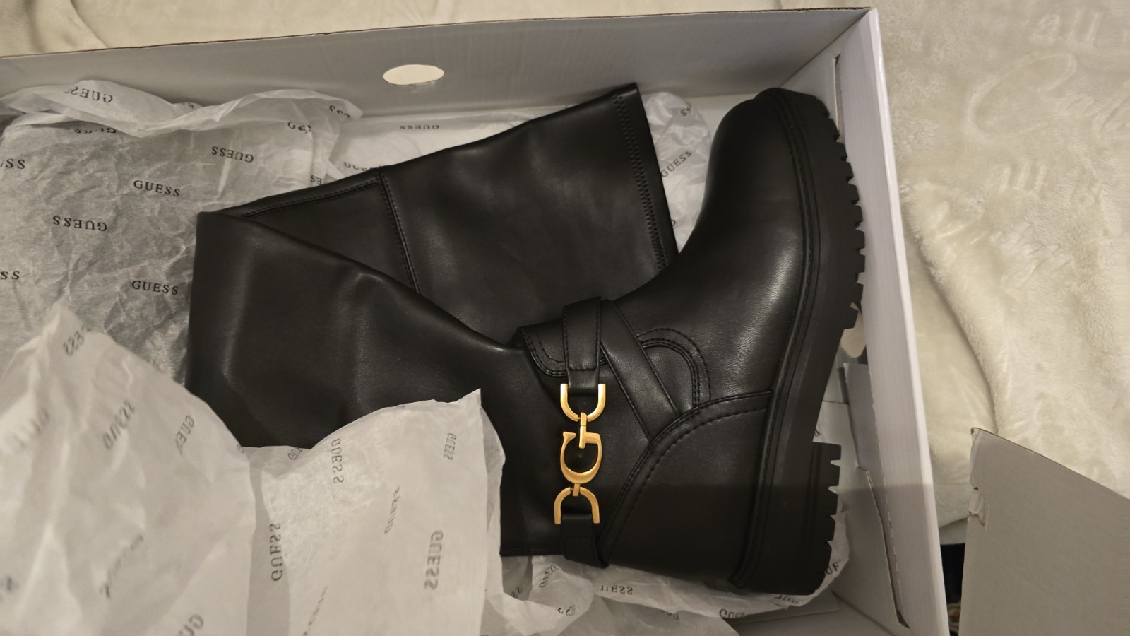 GUESS Jellio Women’s Knee-High Riding Boots Black Logo Round Toe Size 8M