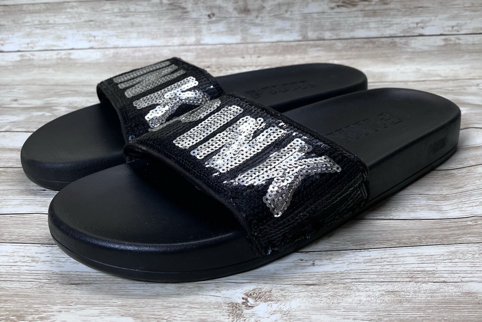 Victoria Secret Cushioned Black PINK Rhinestone Rubber Slides Womens XL