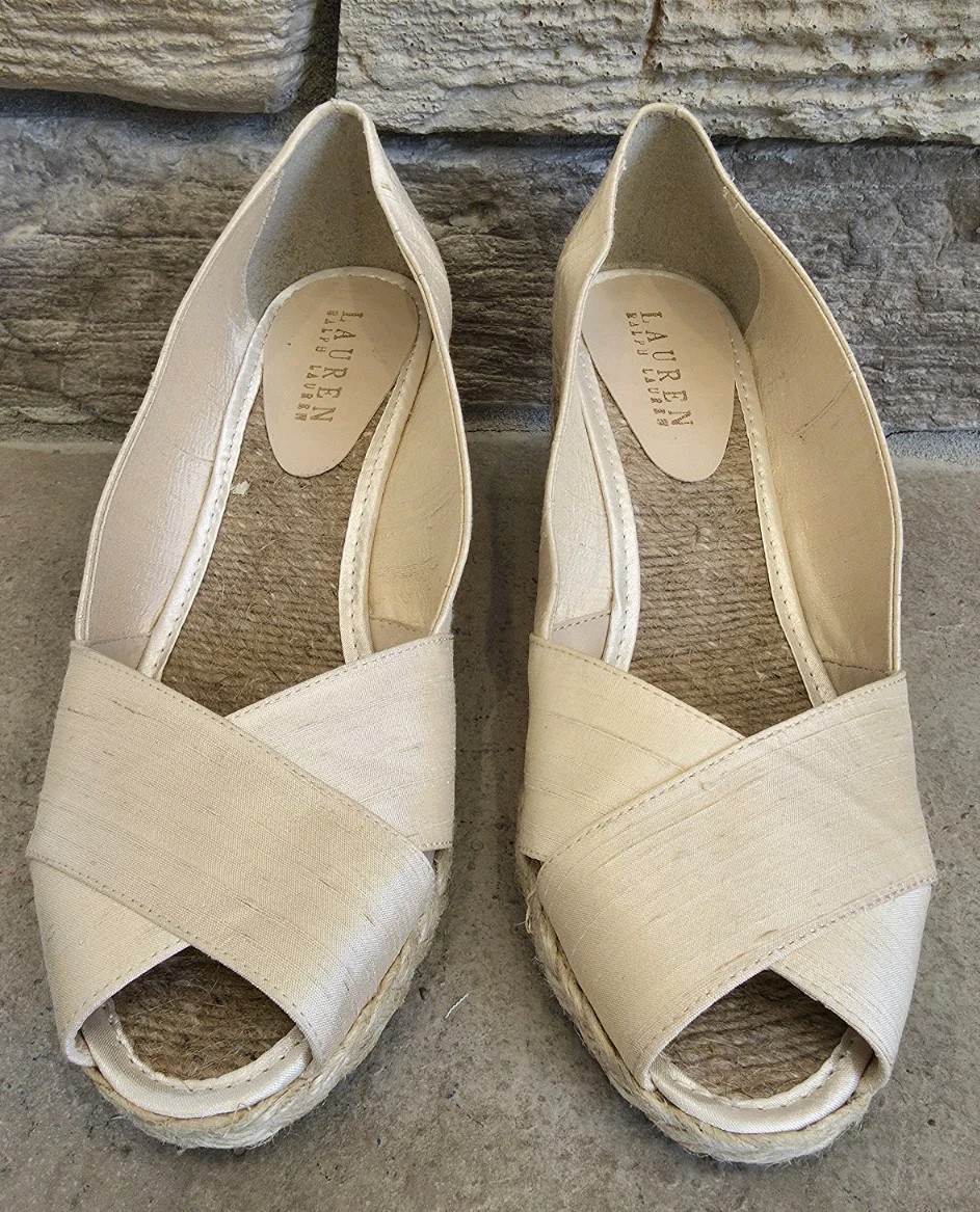 Lauren Ralph Lauren Womens 9 Cecilia Peep-Toe Espadrille Wedge Sandals Cream Tan