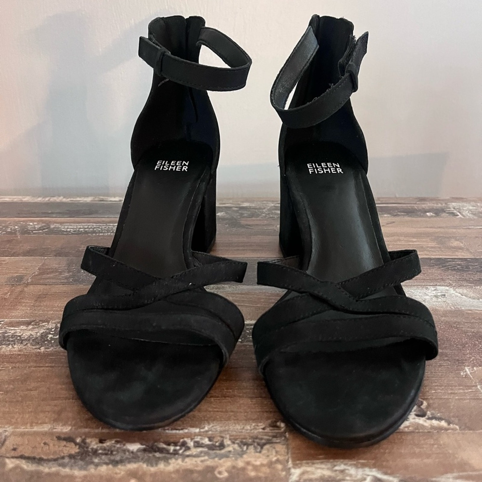 Eileen Fisher Black Jazzy Heeled Sandals Ankle Strap Women Sz 8 Zipper Hook Loop