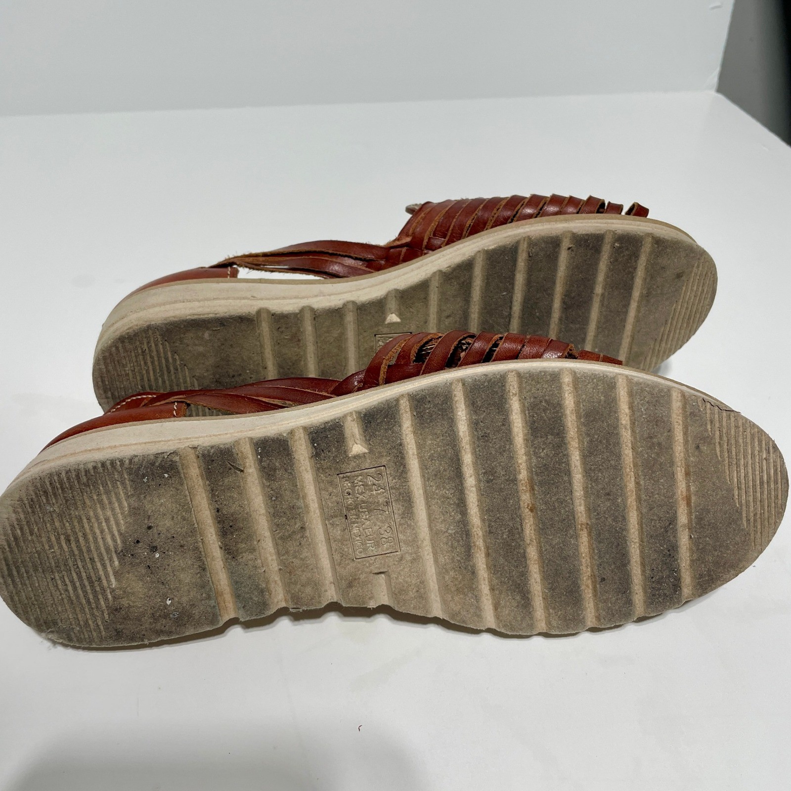 Authentic Mexico Brown Woven Leather Huarache Platform Sandals Womens 7 Mexican