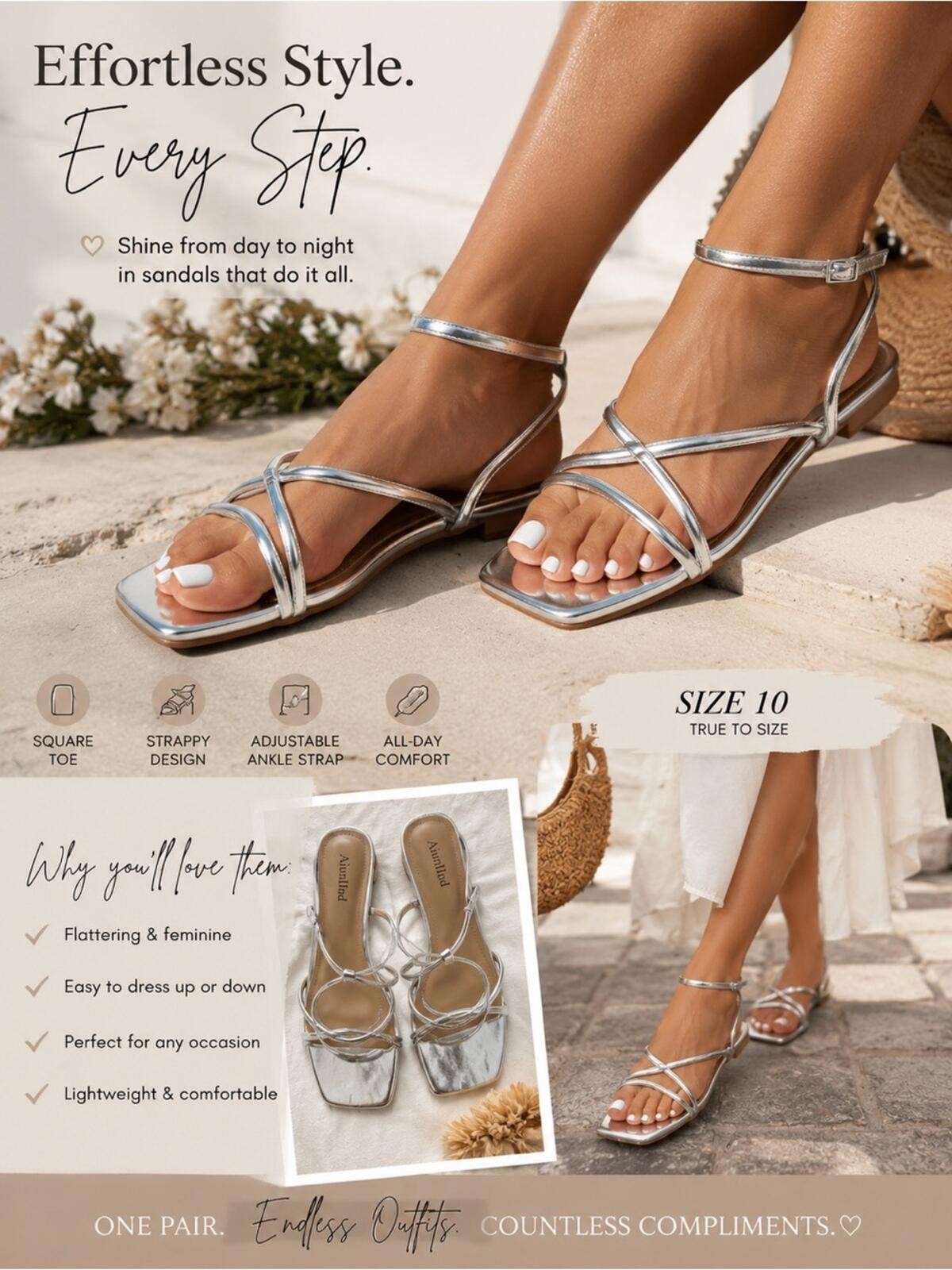 Square-Toe Strappy Ankle Sandals – Silver