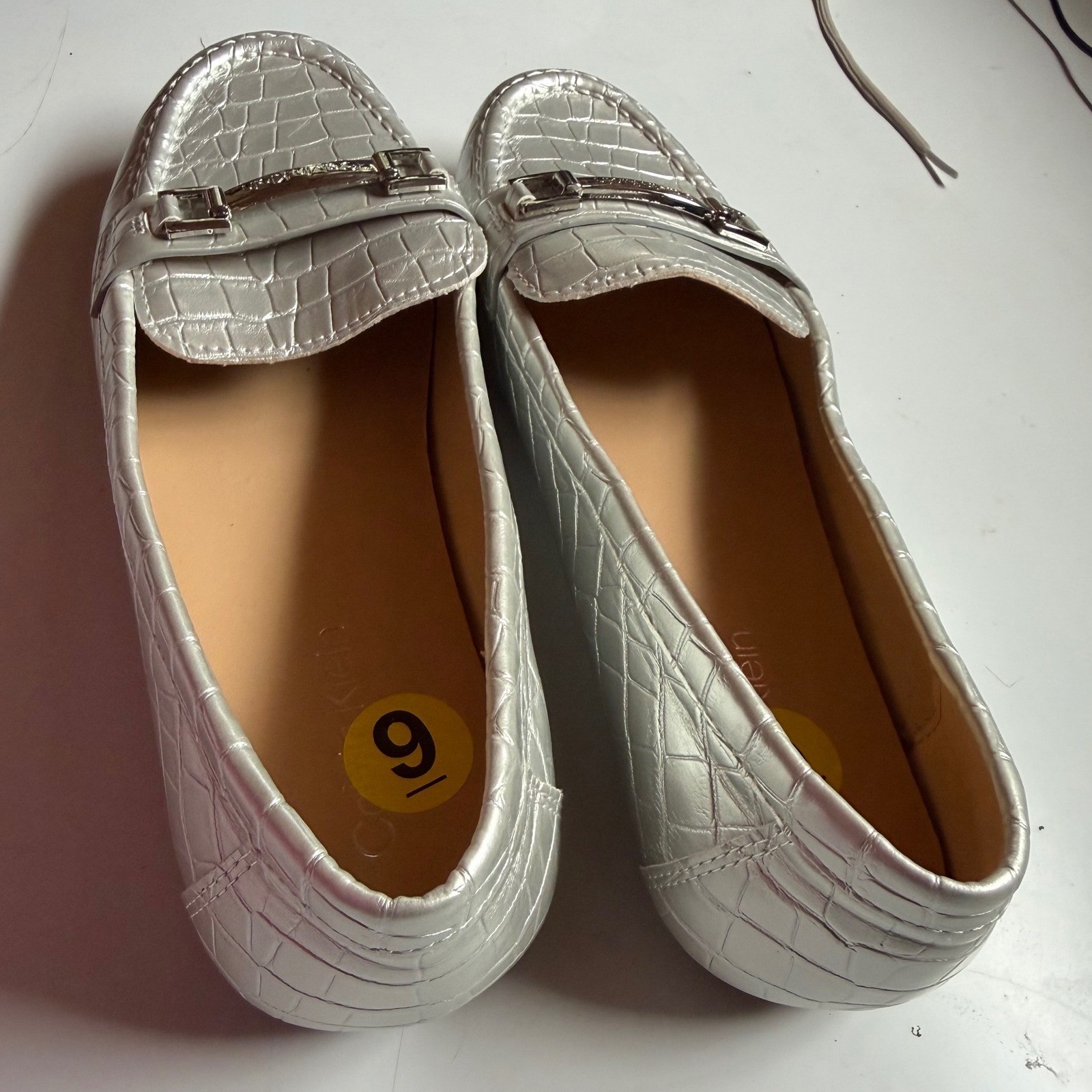 Calvin Klein Lolina Silver Croc Embossed Metallic Loafers Driver Flats 9M