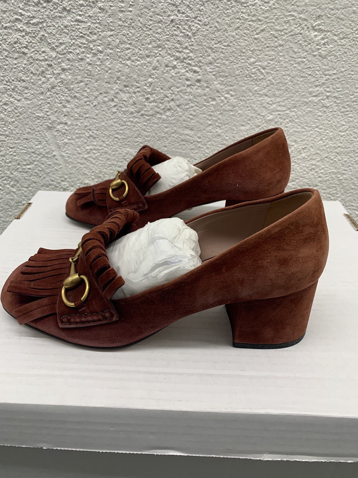Authentic Gucci Beige Marmont Suede Brown Loafer Heels Pumps 38 EU 8 US BB20