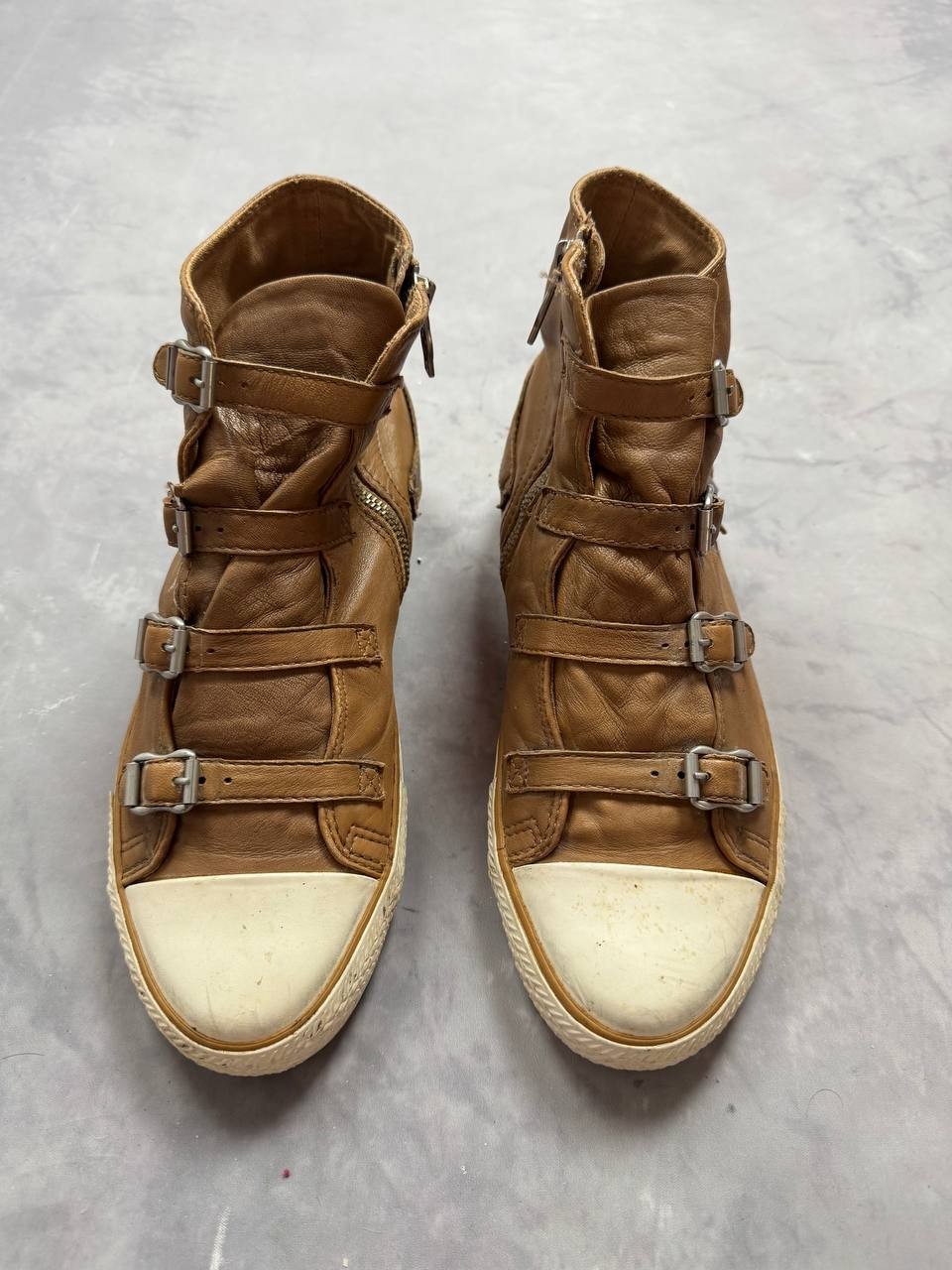 ASH Limited Brown Leather High Top Sneakers Buckle Strap Zip Women EU 40
