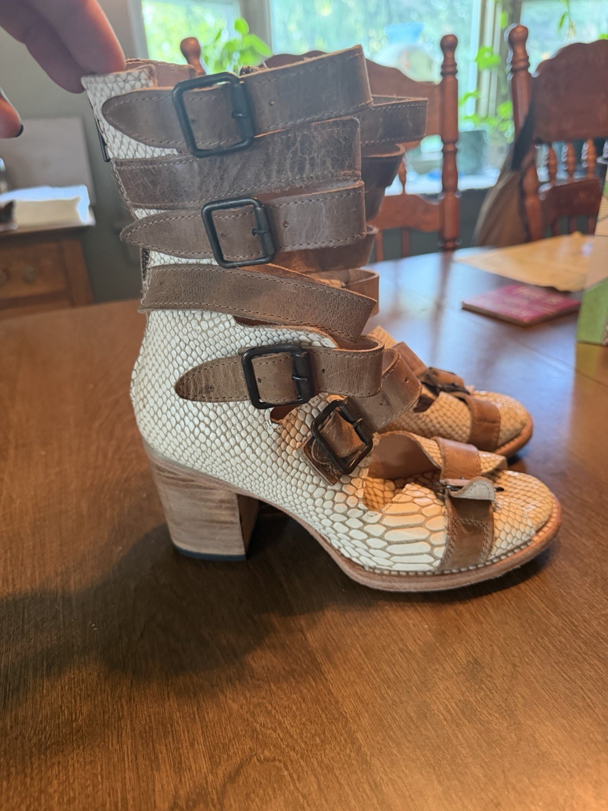 Freebird by Steven Strappy Buckle Zip Block Heel Leather Snake Sandals 7