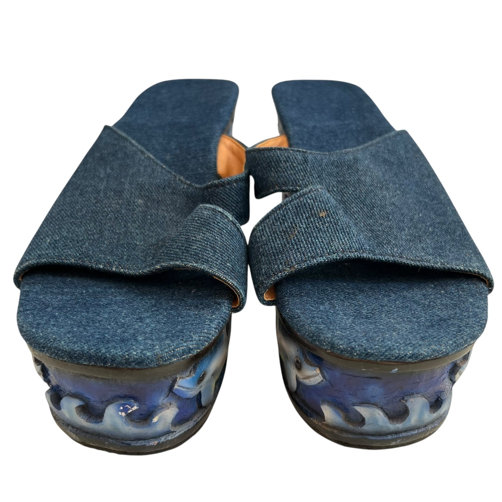 Vintage 90s platform sandals blue denim carved wood dolphins 40 slide chunky