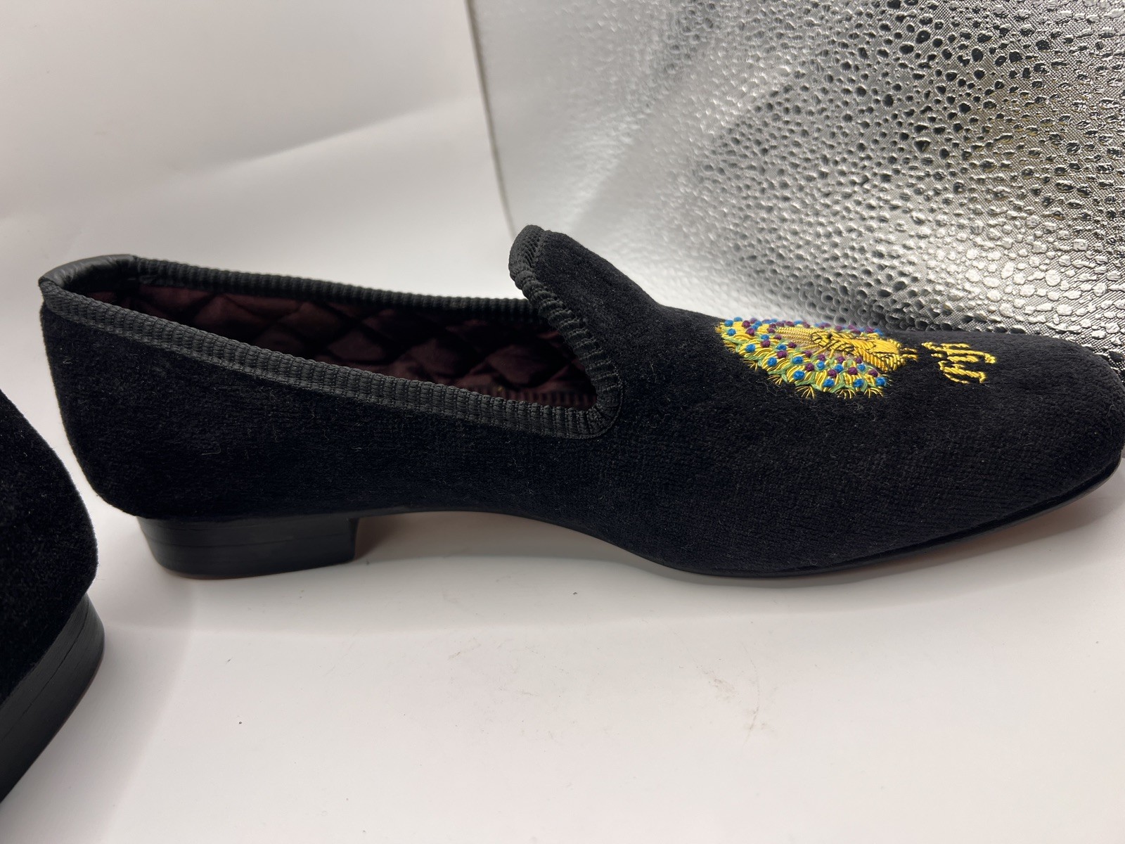 Crockett & Jones Black Embroidery Peacock Velvet Albert Slippers Women Sz 5.5/6