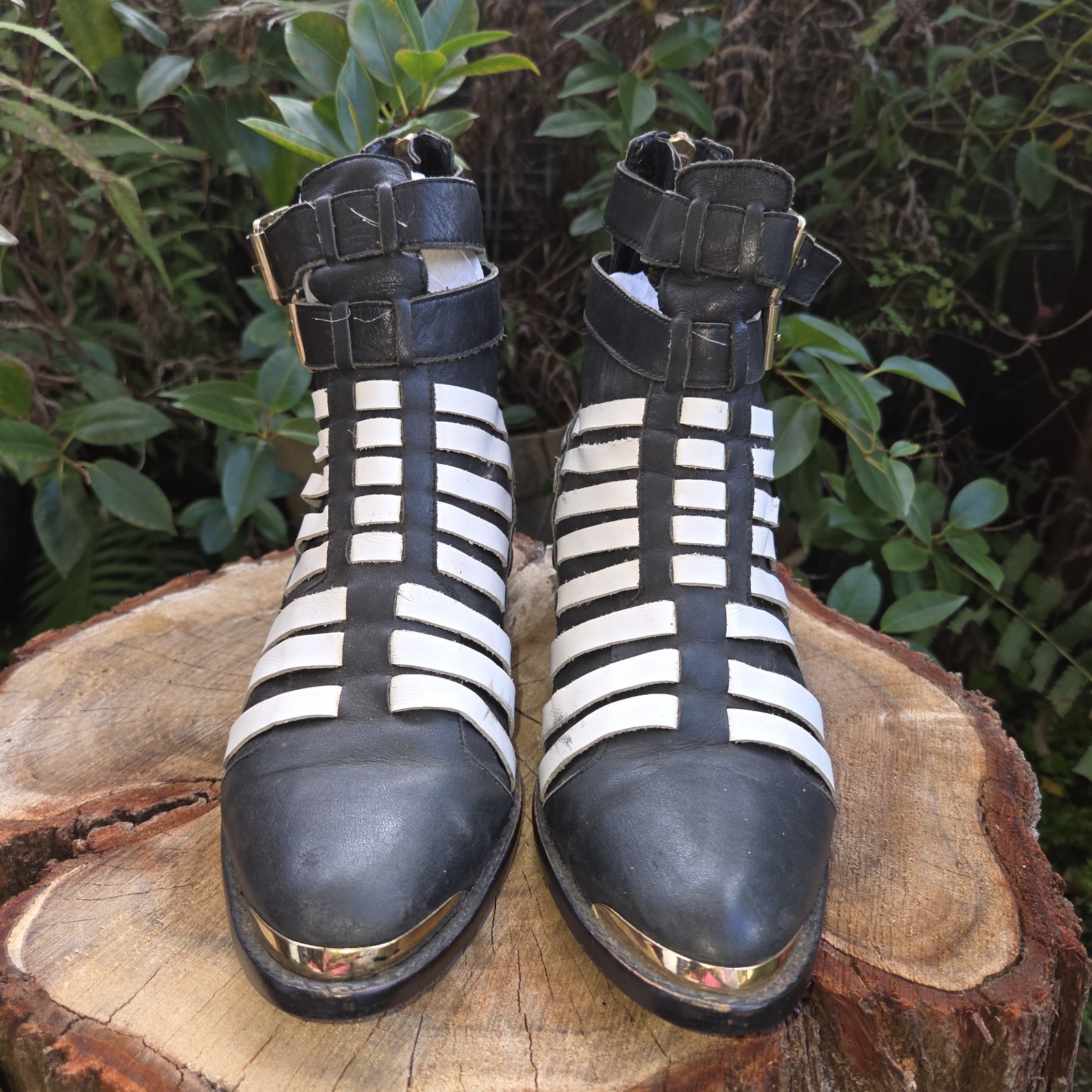 Rare DIAVOLINA Leather Ankle Boots Size 5.5 Black White Western Cowboy