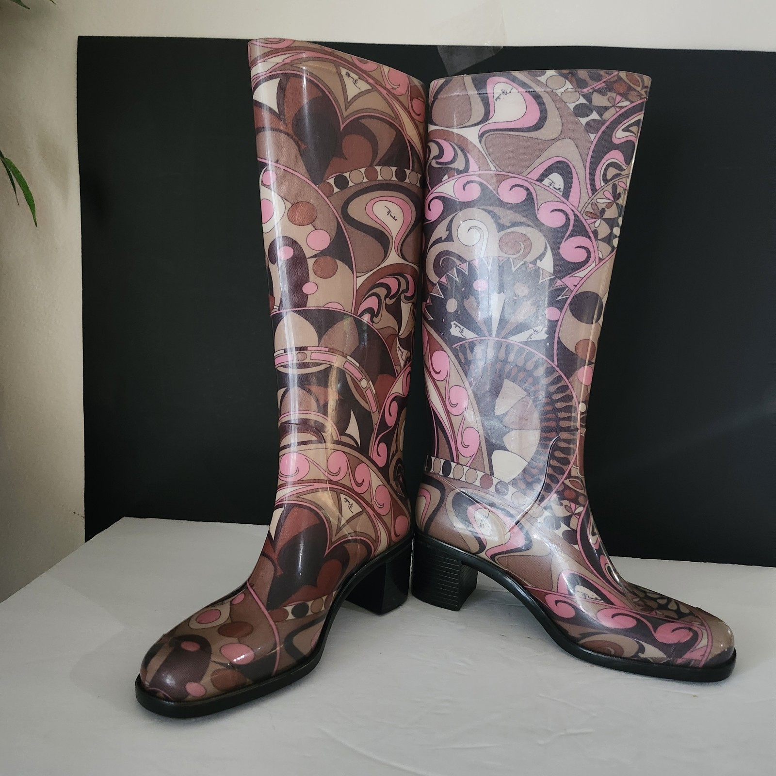 Vtg Emilio Pucci Psychedelic Pink & Brown Knee High Rain Boots Sz 7.5 – 8 Y2K