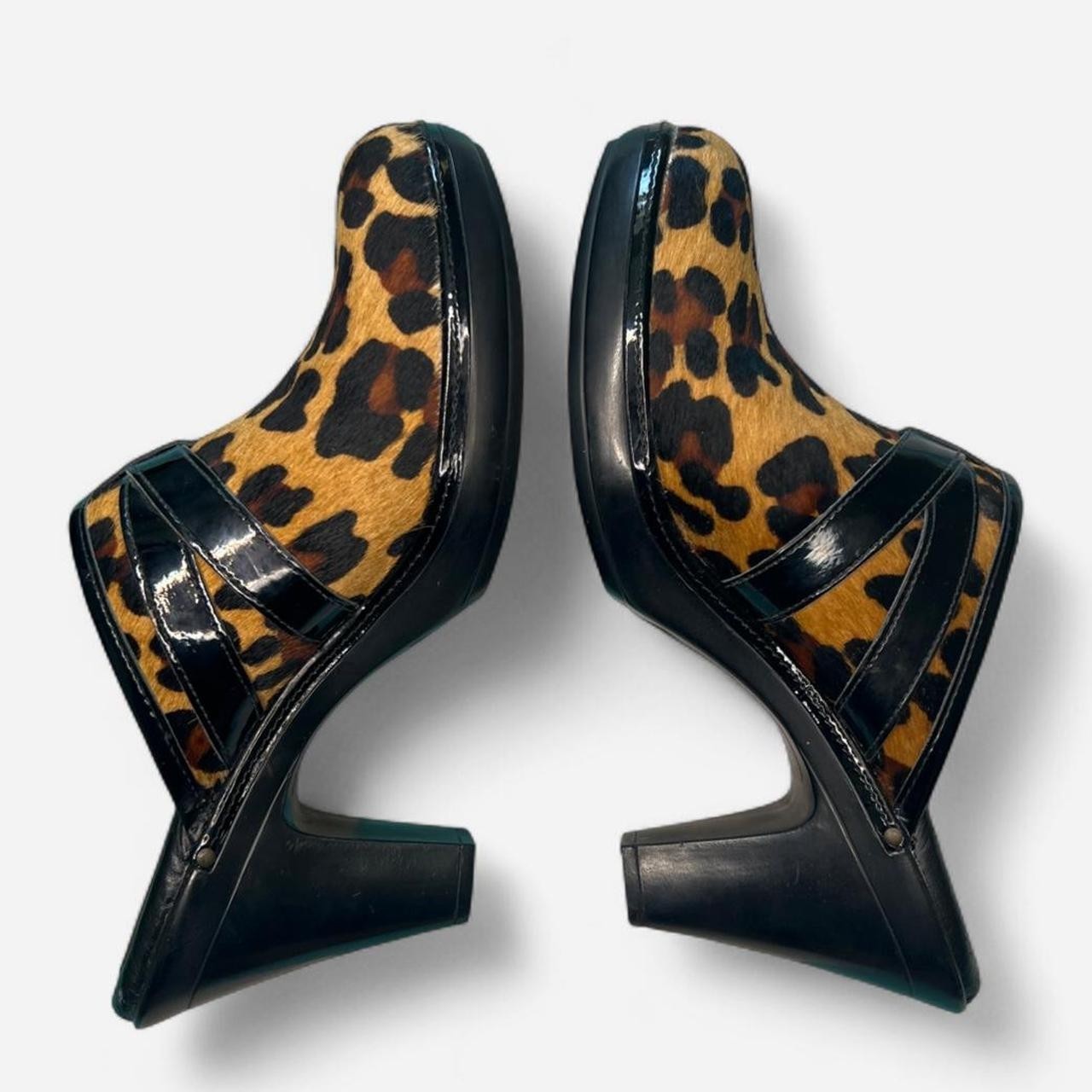 Vintage Nurture Leopard Calf Hair Mule Clogs Size 9.5 Platform Heels Y2K Animal