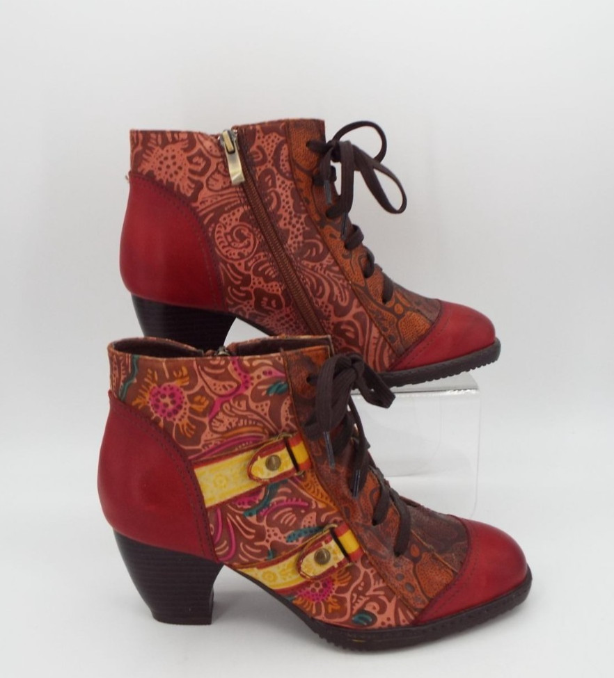 Socofy Women’s Boho Red Multicolor Floral Leather Lace Up Booties Size 37