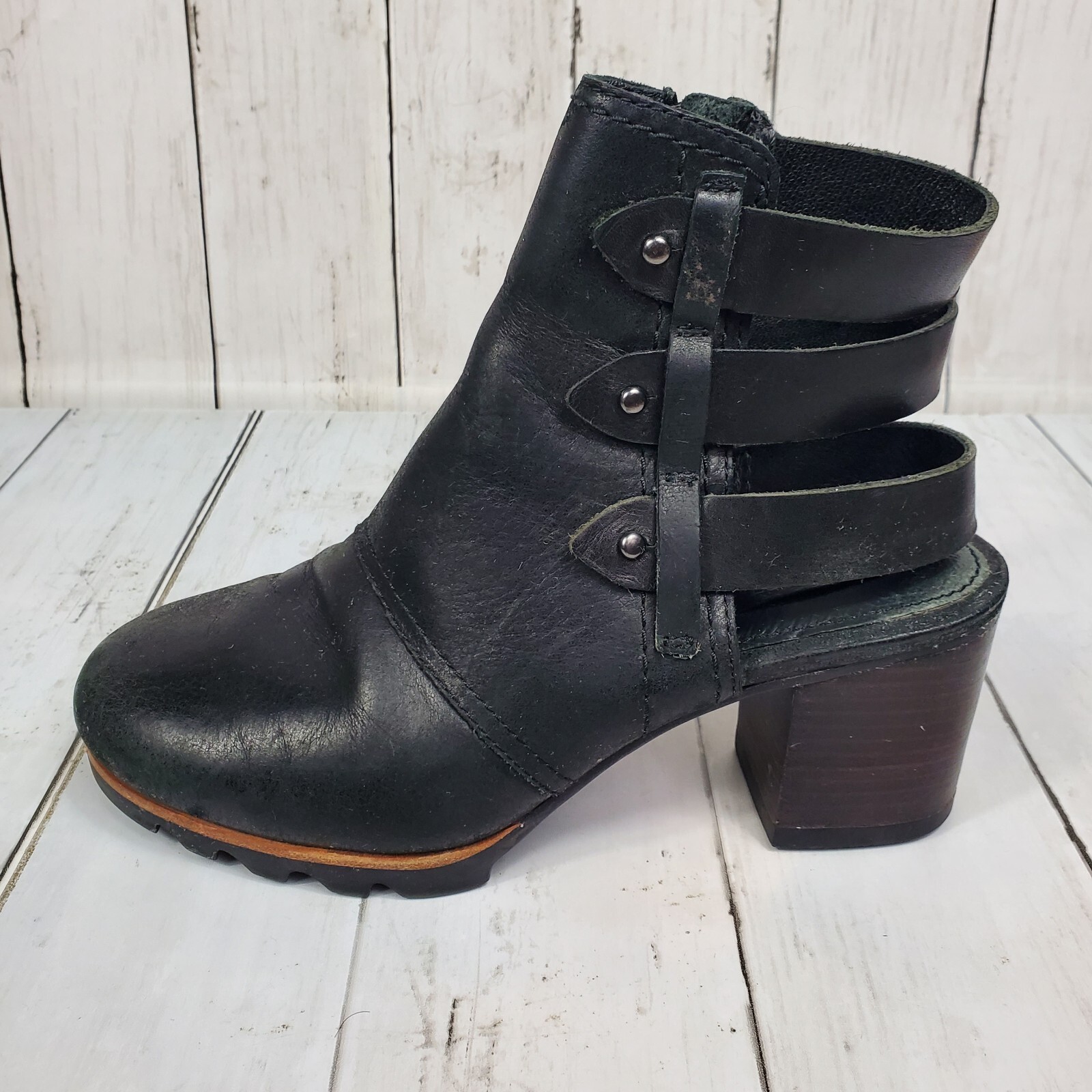 Sorel Addington Leather Strappy Back Block Heel Booties Women’s Size 6 Black