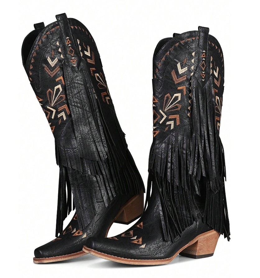 8 BLACK FAUX LEATHER FRINGE COWGIRL Boots WESTERN Embroidery Mid Calf BLOCK HEEL