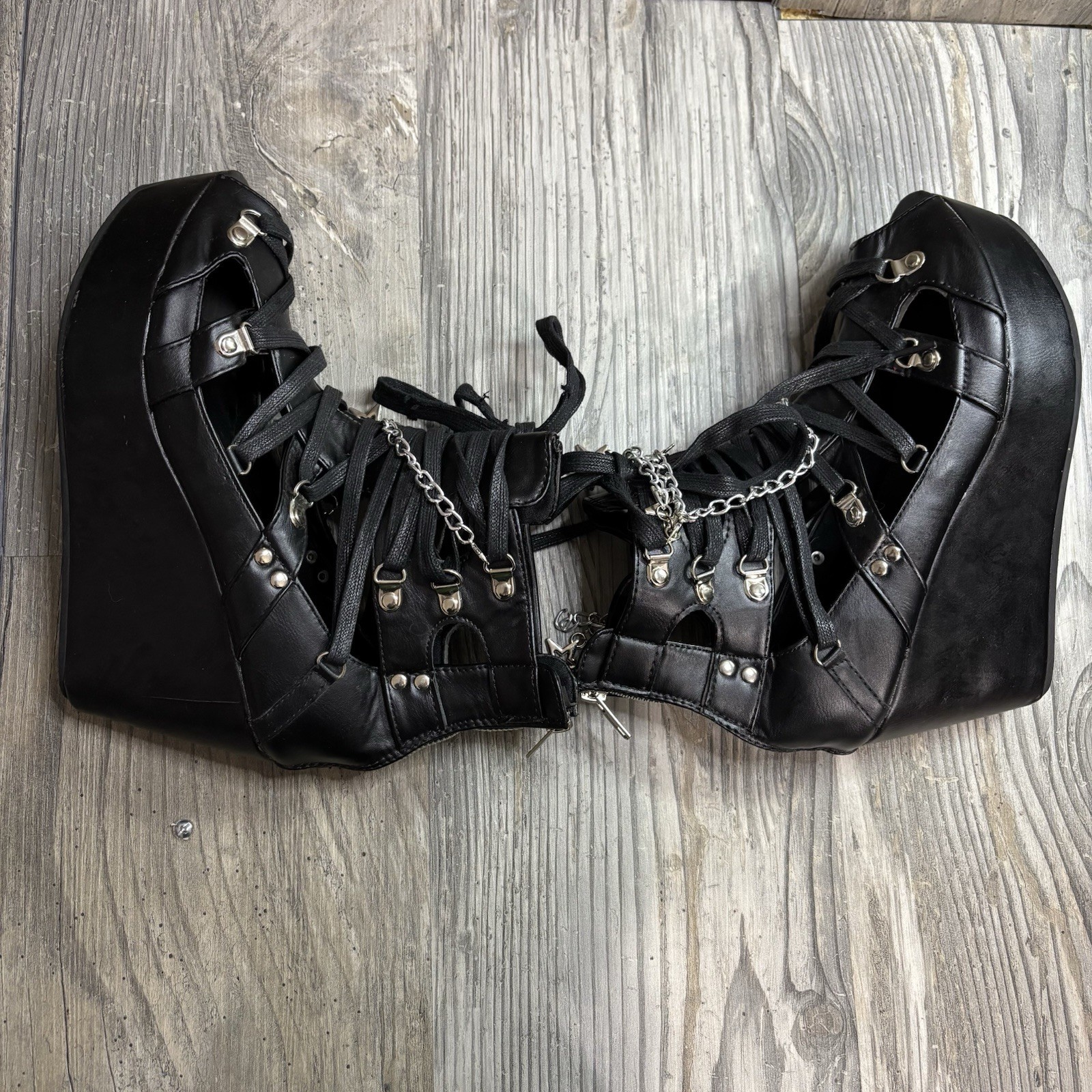 Goth Grunge Platform Gladiator Wedge Chain Charm Black Sandals Women’s 41/ 10