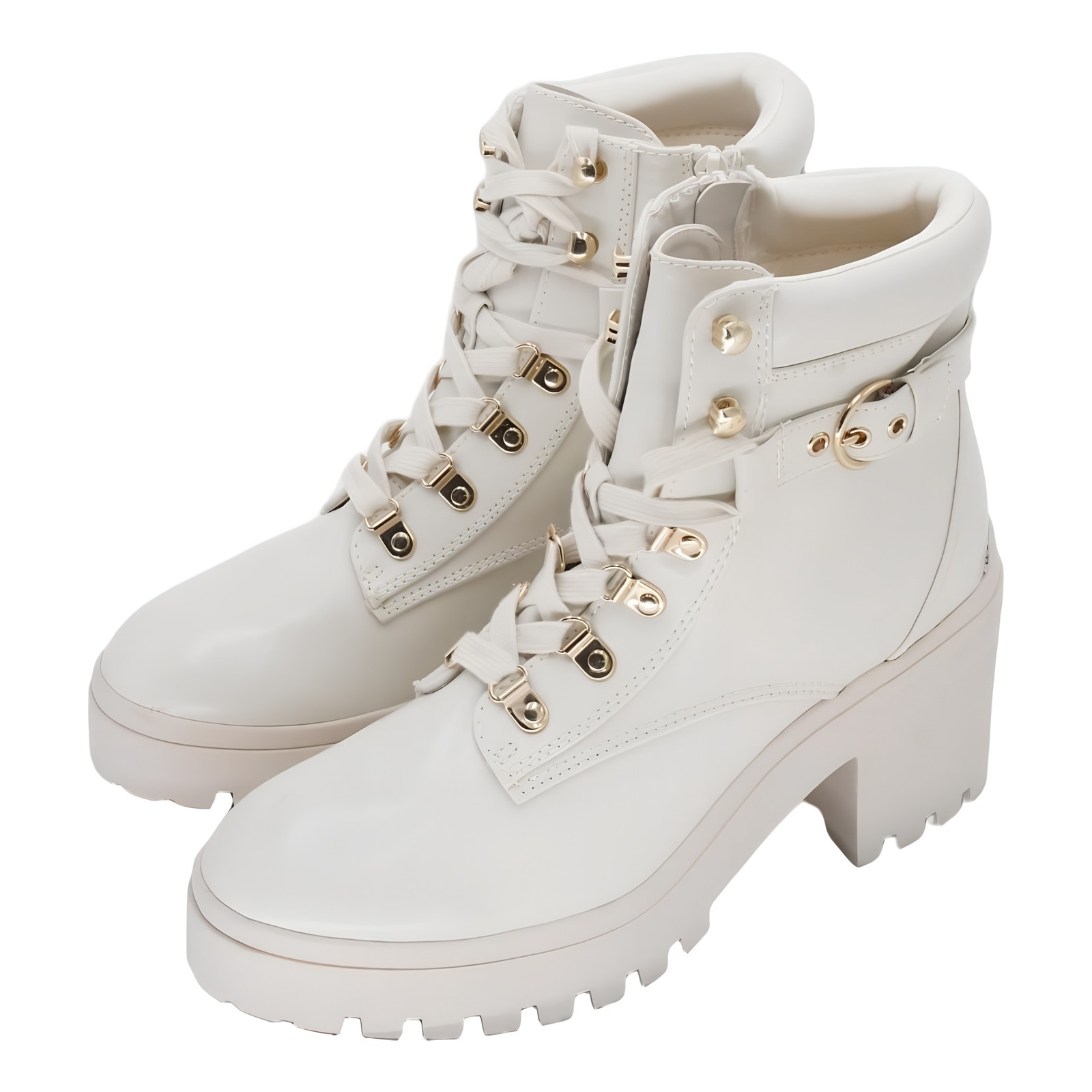 Wild Pair Bridgitt Lace-Up Side-Zip Lug-Sole Booties Bone Off-White 9.5M