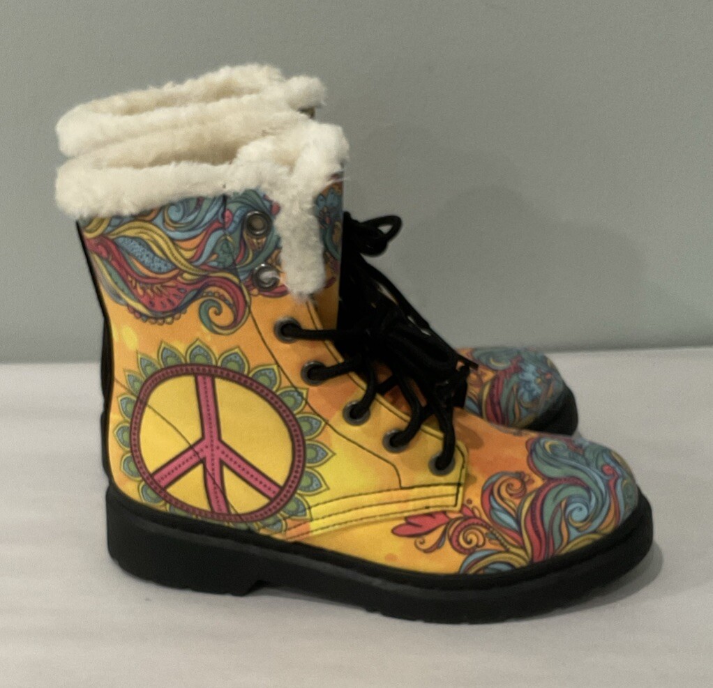 YES WE VIBE Women 6.5 Men 5 Combat Biker Hippie Boho Gothic Boots Peace Sign
