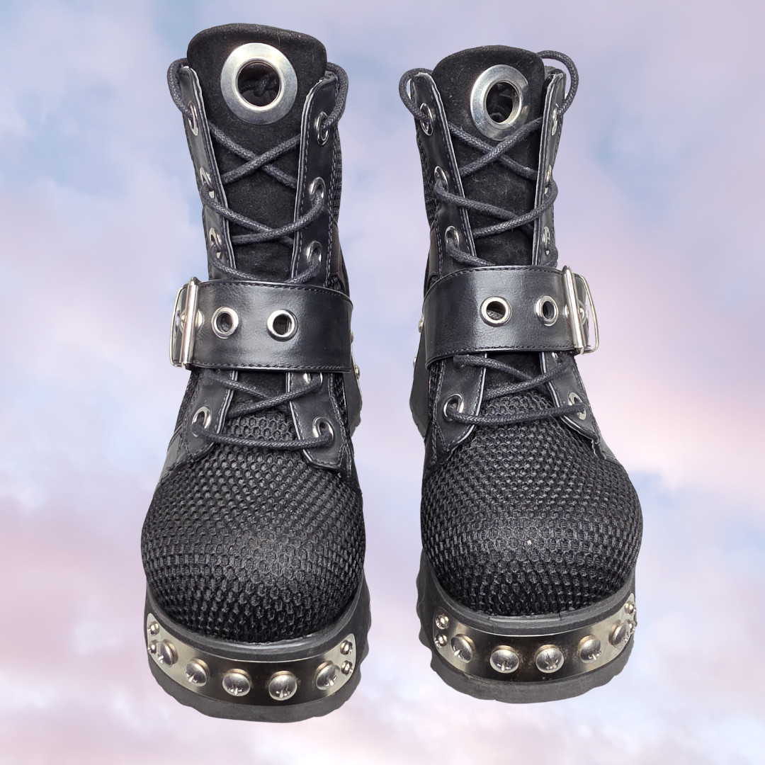 Demonia Black Wedge Platform Grunge Goth Festival Punk Metal Studded Boots 7.5