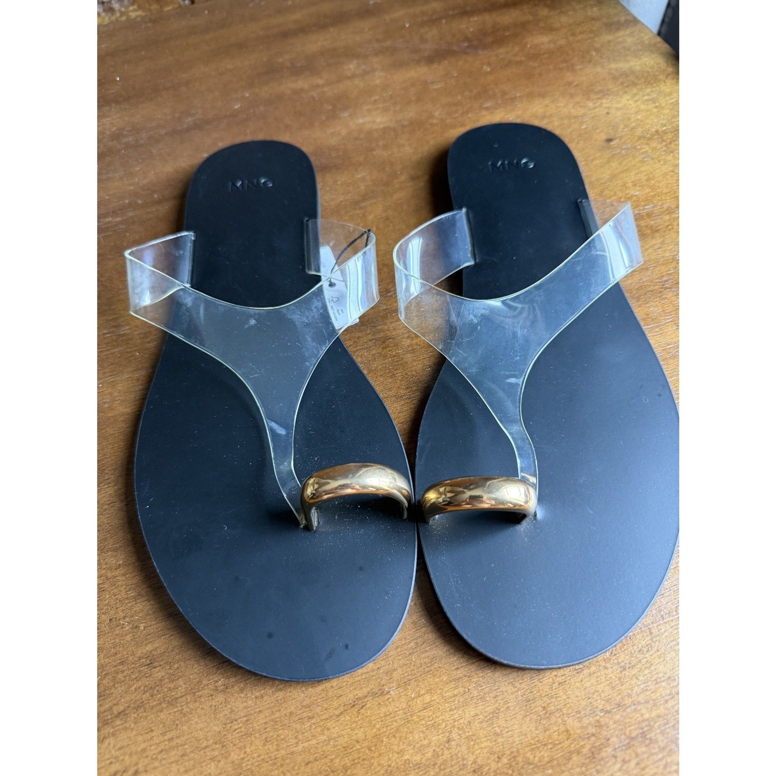 Mango Clear PVC Toe Ring Flat Sandals Black Gold NWT Size EU 39 US 8.5-9