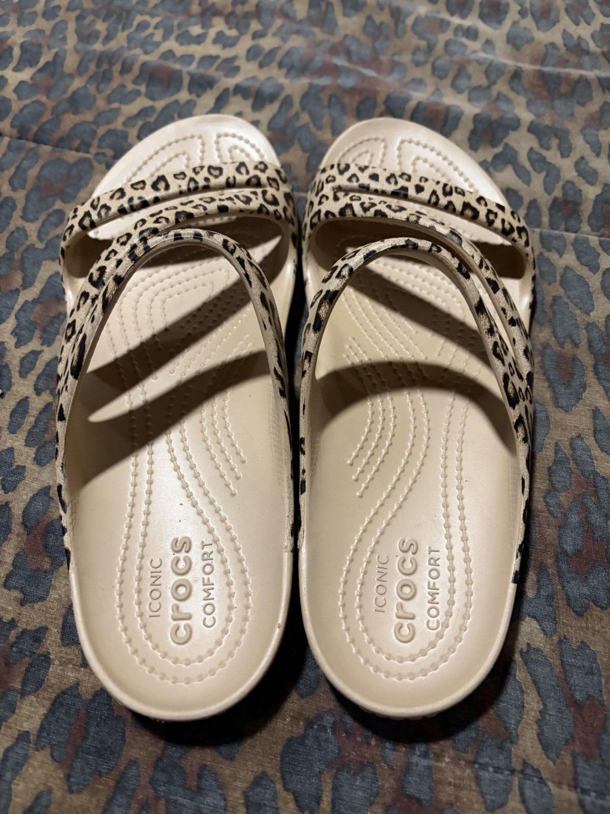 Crocs Kadee II Leopard 3 Band Straps Slip-On Slides Sandals EUC WORN ONCE 10