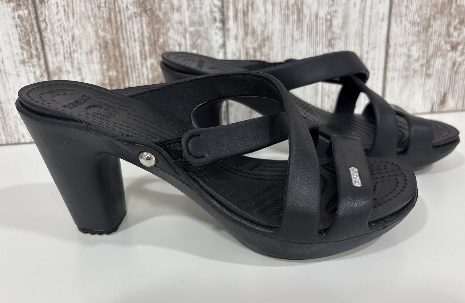 Crocs Cyprus IV Women’s Black Strappy High Heel Sandals Block Heel Sz 8
