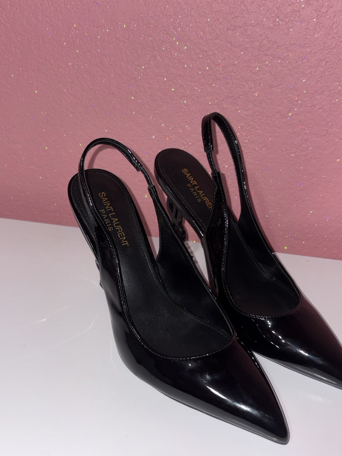 Saint Laurent Black Patent Leather Slingback Pointed Toe Heel EU 39 US 8.5
