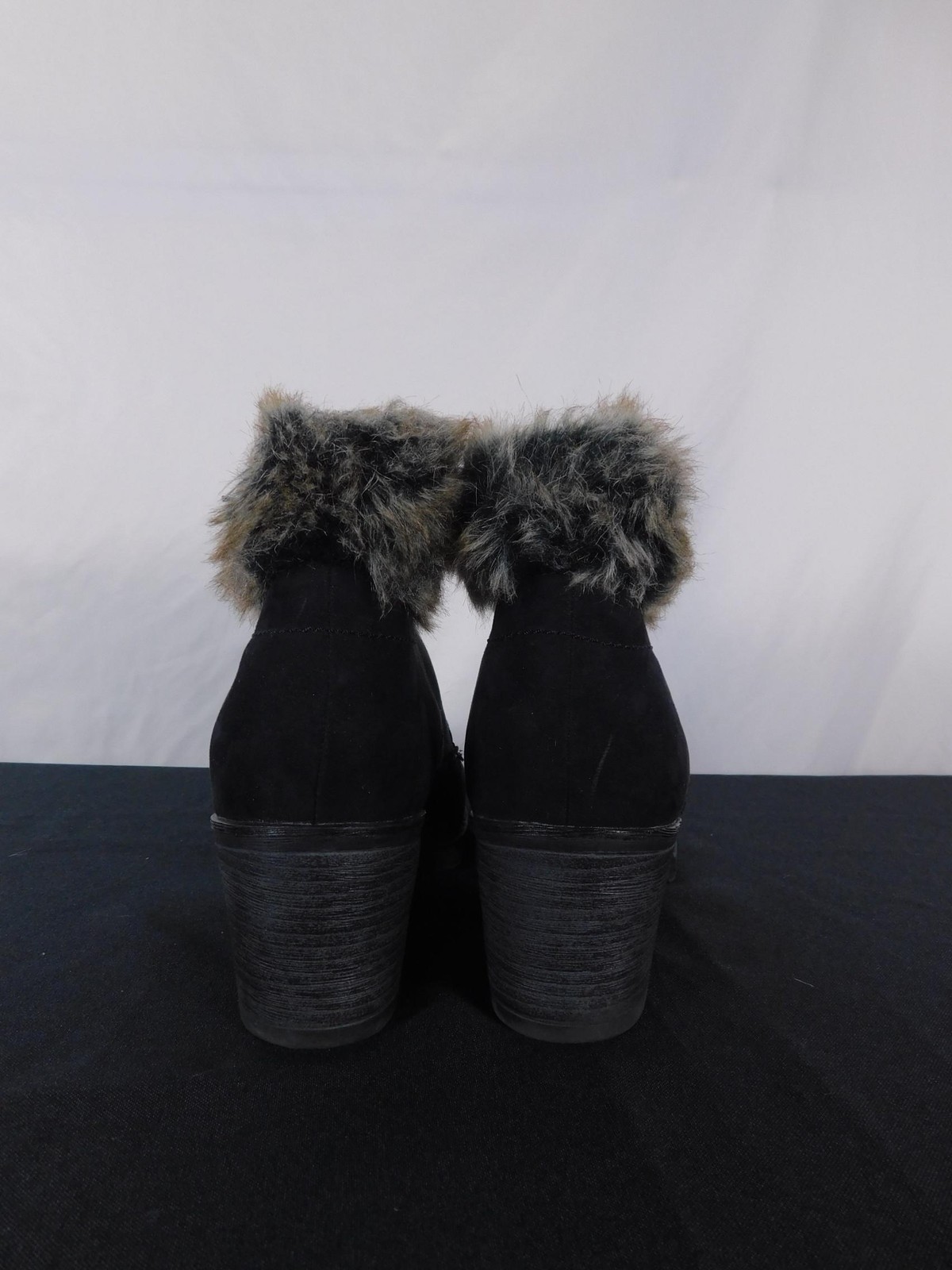 Sophie17 Black Faux Fur Lace-Up Ankle Boots 11 – Chunky Heel Winter – Excellent