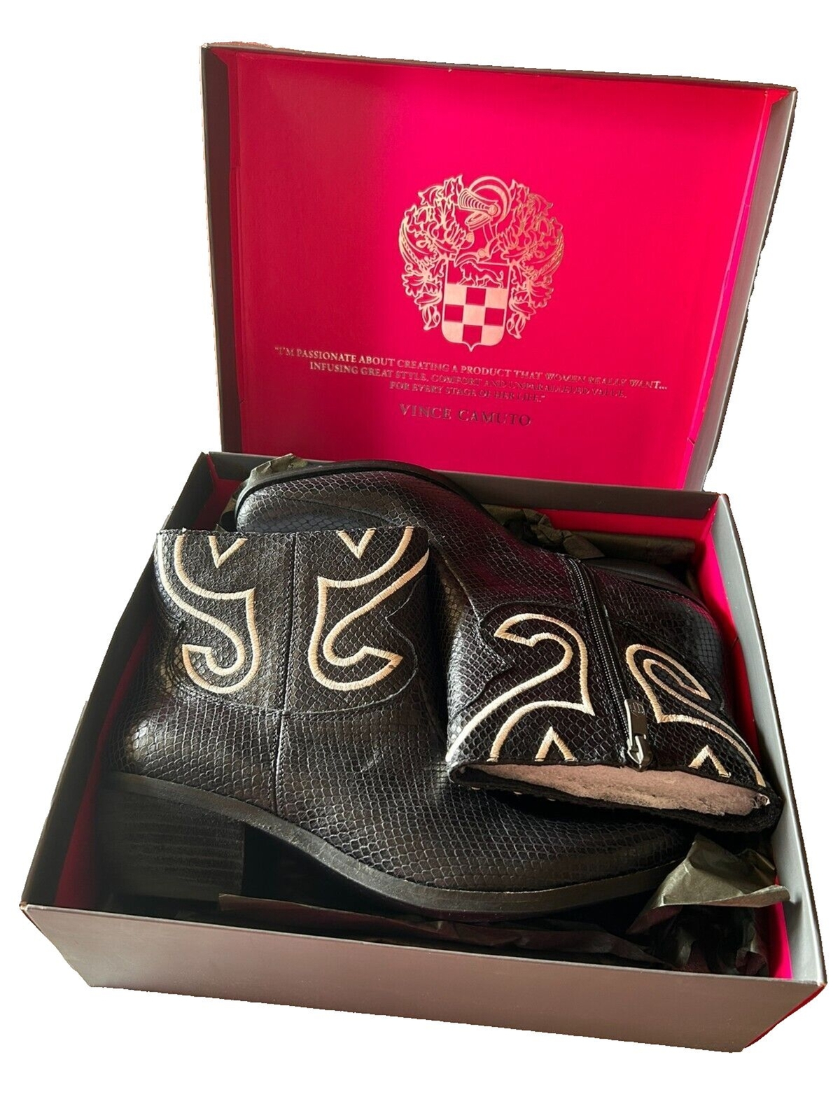 Vince Camuto Calina Black Leather Solid Snake Print Ankle Booties SIZE 10
