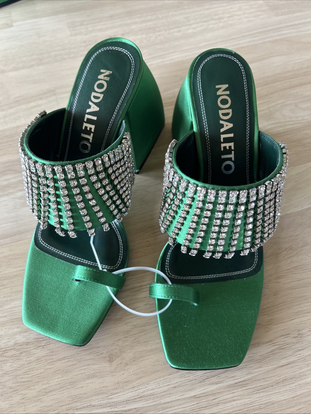 NODALETO Green Satin Slide Sandals Rhinestone Fringe Womens EU 40 US 9-9.5 NEW