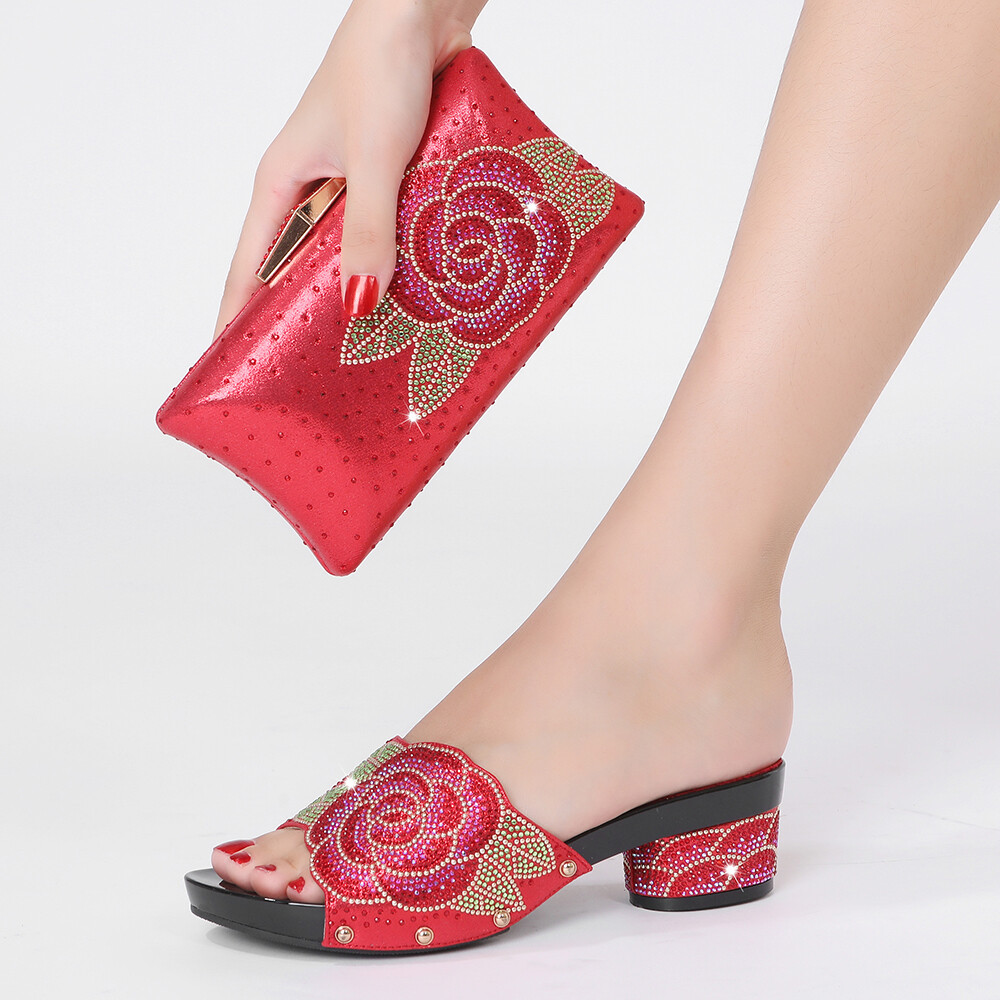 Italian Design Shoes and Bag Low 3.5 CM Rhinestone 1 Set Women Party Shoes Blue