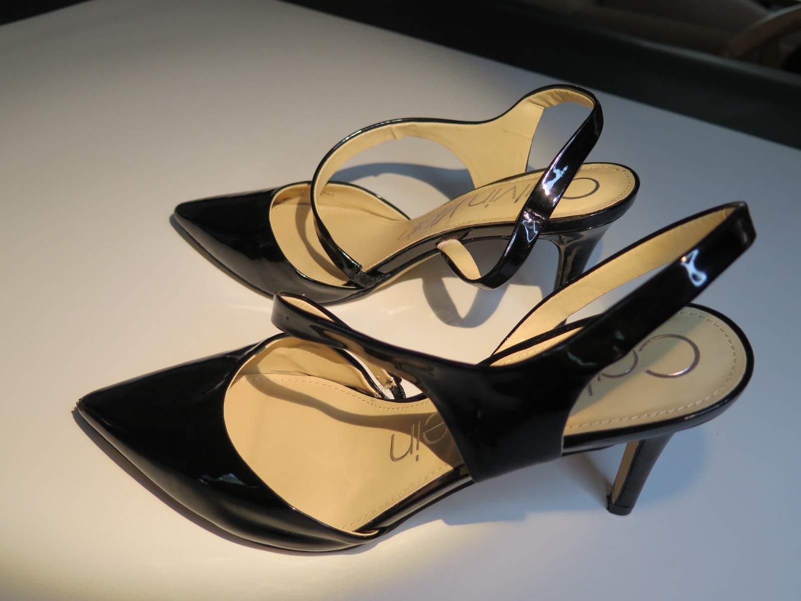 Calvin Klein Black Women’s Patent Leather Slingback Diagonal Strap Heels 8.5M
