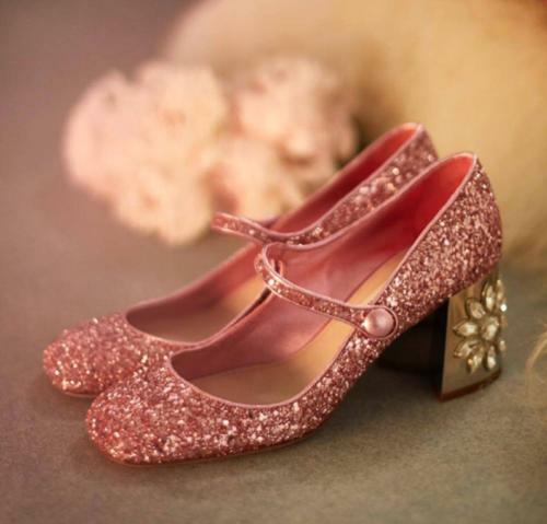 Womens Mary Jane Pumps Heels Shoes Sweet Rhinestone Sequins 6.5 Block Square Toe