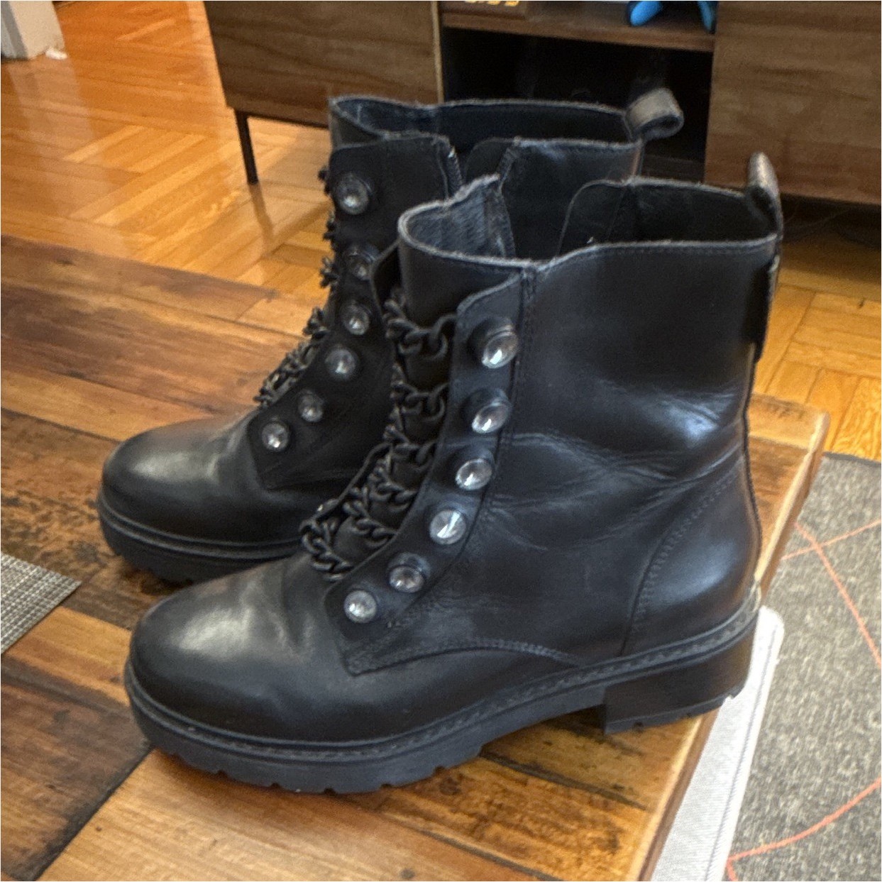 Kurt Geiger London Women’s Black Leather Combat Ankle Boots Zip, US 6.5